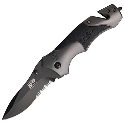 Smith & Wesson Military & Police SWMP8BS Plunge Lock Folding Knife Partially Serrated Drop Point Blade Rubber